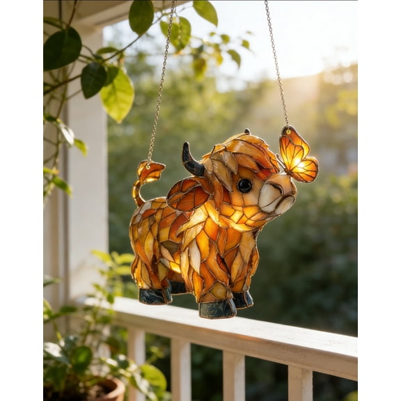 Highland Cow Butterfly Suncatcher | Stained Glass Style Window Hanging, Farm Animal Sun Catcher Ornament for Home Window, Garden, Farmhouse Decor, Gift for Cow Lovers