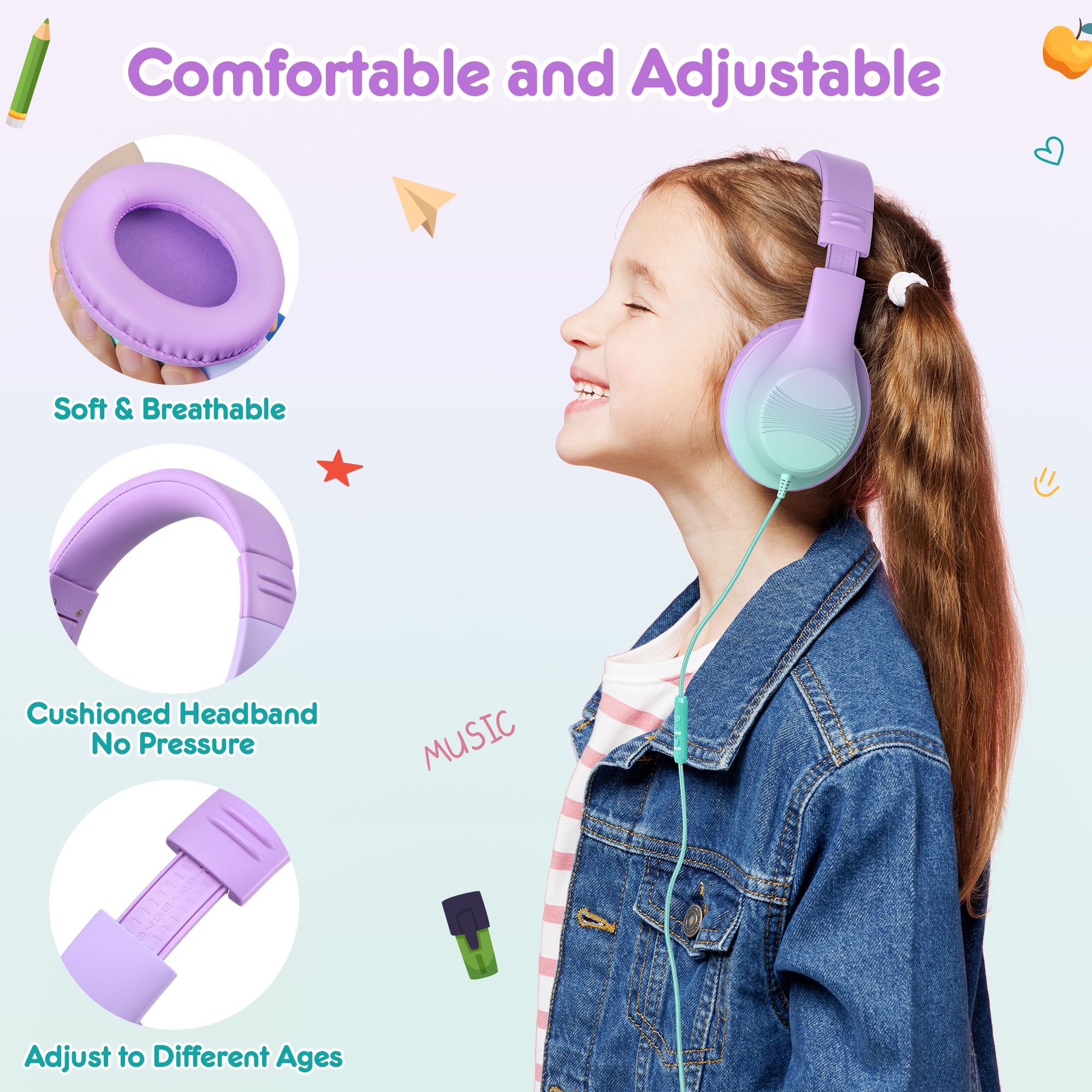 Mpow Kids Headphones with Microphone, Purple & Mint Green photo 5