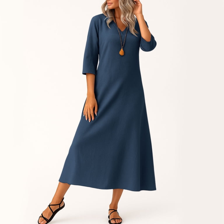 Linen Dress Modest Navy Blue Dress Suining Womens Linen Dress Fall Long  Sleeve Loose Fit Shift