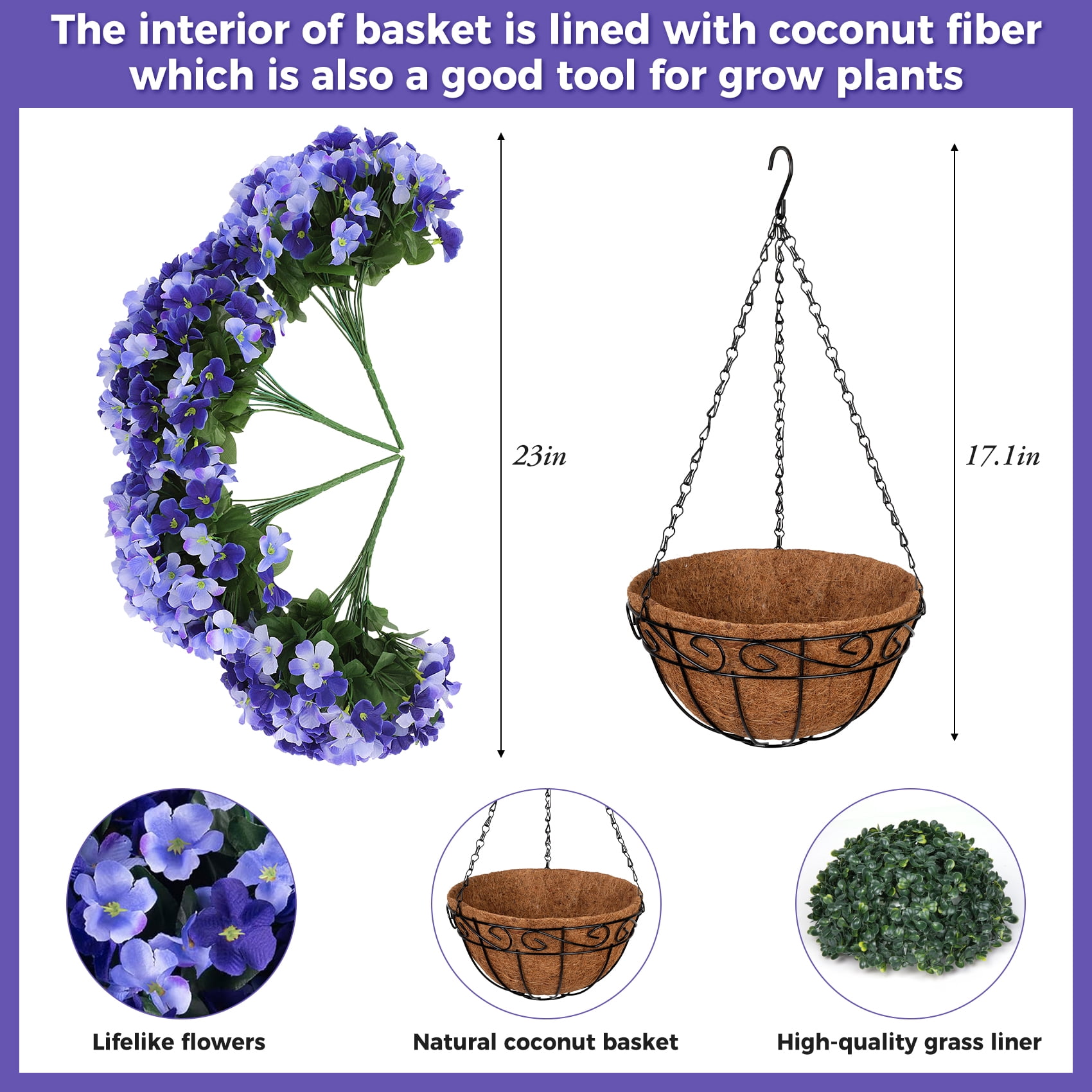 Scidweet Artificial Hanging Flowers Outdoors, 12 pcs Fake Plants Faux Hydrangea Flowers with Coconut Lining Basket for Spring Summer Outside Indoor Home Garden Decoration