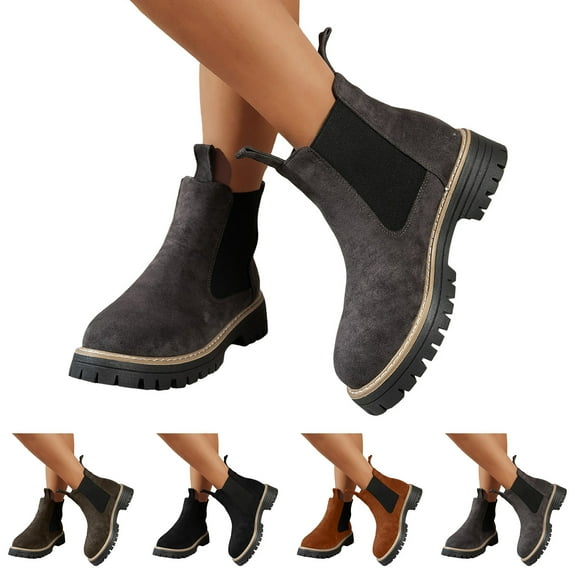 Dakaela Women's Chelsea Ankle Boots Chunky Low Heel Slip on Booties Lug Sole Elastic Fall Winter Work Boots Black 6.5