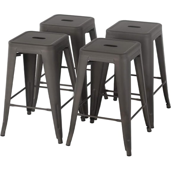 Metal Bar Stools Set of 4, Counter Height (24 Inches), Industrial Backless Stackable Stools for Indoor or Outdoor Use – Bronze