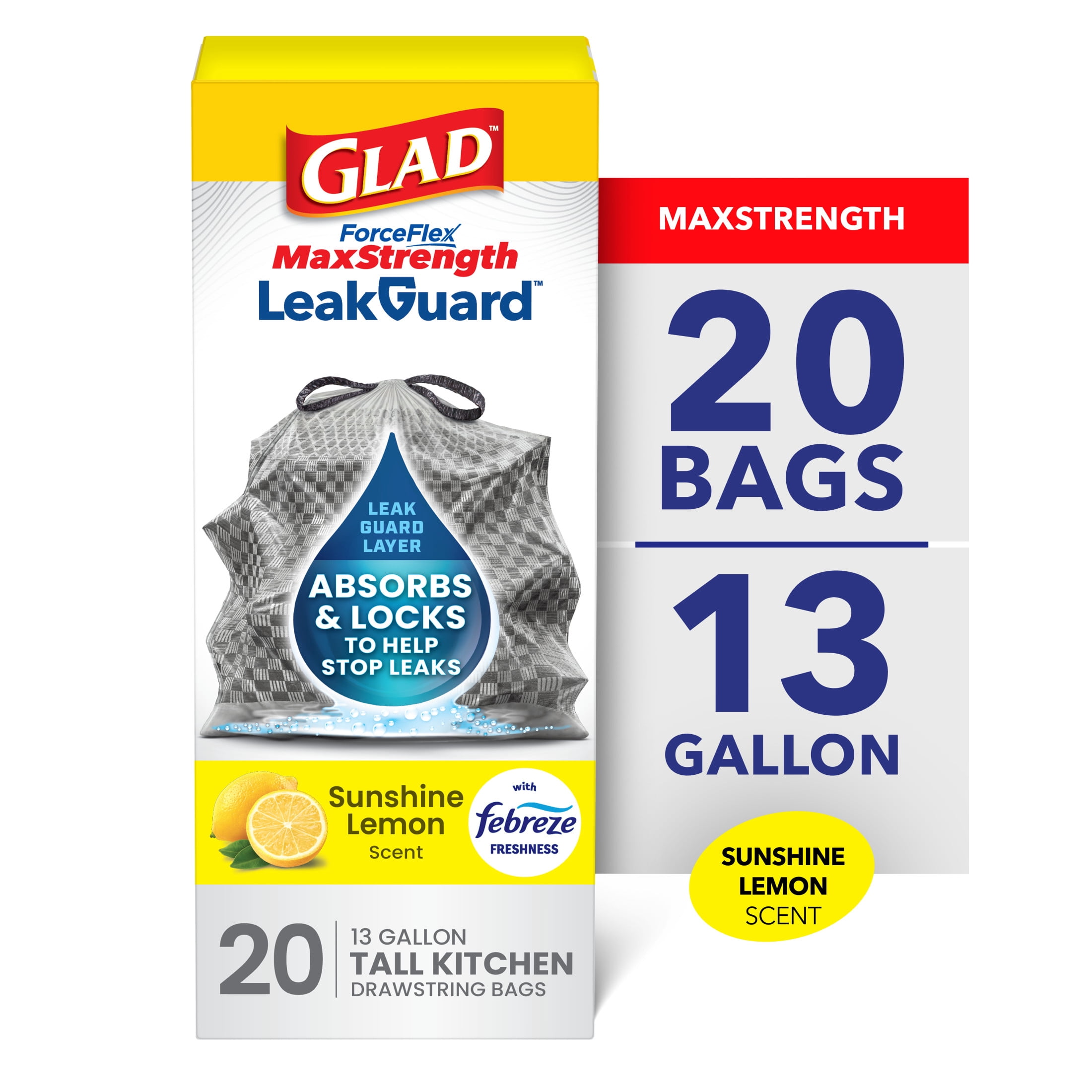 (6 pack) Glad ForceFlex MaxStrength LeakGuard 13-Gallon Tall Kitchen Trash Bags, Sunshine Lemon Scent, 20 Bags