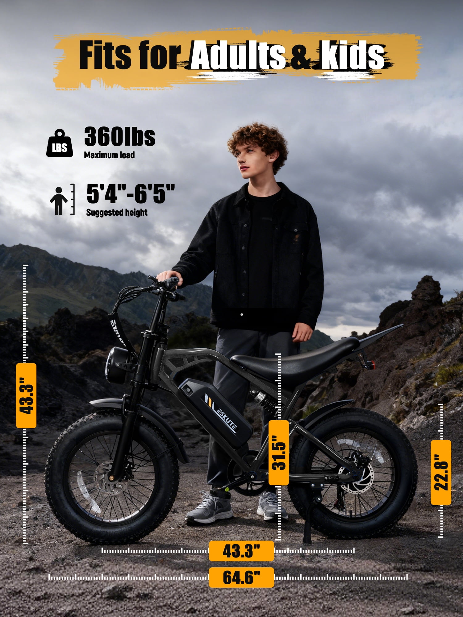 ESKUTE Electric Bike for Adults, 29MPH Dirt E-Bike, 48V 20.8Ah Battery, 20"x4.0" Fat Tires, 80-Mile Range, NFC Unlock, 7-Speed, Dual Suspension, Black with Phonebag & Lock