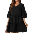 thumbnail image 1 of Spring Dresses for Women 2025 Short Sleeve Loose Gather Hem Outfit Ruffled Casual Mini Spring Dress Black S, 1 of 4