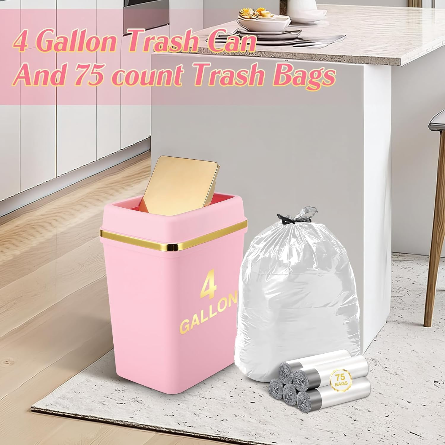 3 Pack 4 Gallon Bathroom Trash Can with Lid, Slim Small Garbage Bin for Kitchen Bedroom Office, White/Pink/Green