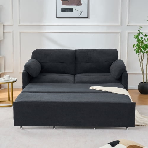 Convertible Sleeper Sofa, Queen Size Pull-Out Sofa Bed, 3-in-1 Chenille Loveseat with Side Storage & Casters for Living Room, Apartment, Black