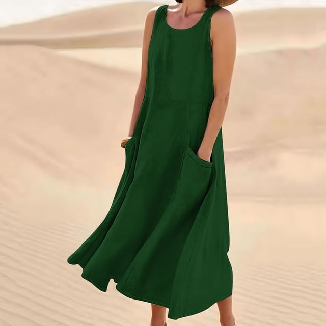 EQWLJWE Économies d'Été! Robes d'Été pour Femmes 2024 Décontractées Tendance, Robes pour Femmes Grande Taille en Liquidation, Robe Longue Sans Manches en Coton et Lin Col Rond Couleur Unie avec Poche