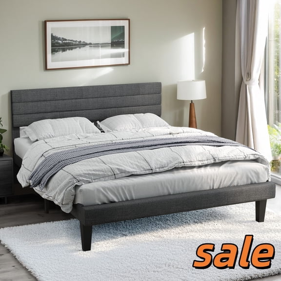 Hassch Queen Size Bed Frame, Upholstered Platform Bed with Adjustable Headboard Height, No Box Spring Needed, Dark Gray