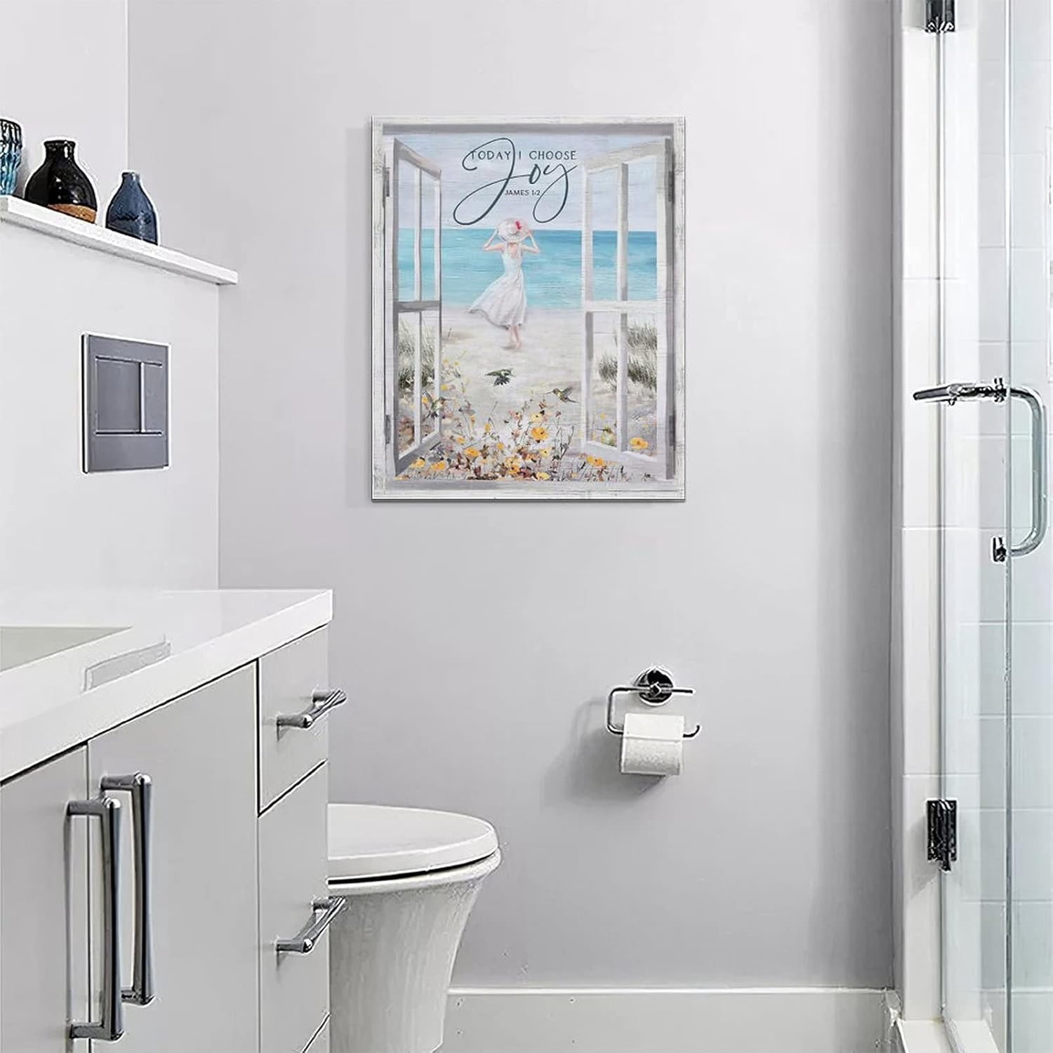 Taimeng Beach Bathroom Wall Art Hummingbirds Flower Pictures Coastal Ocean Bathroom Wall Decor Beach Girl Window Style Canvas Prints Painting Framed Artwork for Bathroom Living Room Bedroom16''x20''