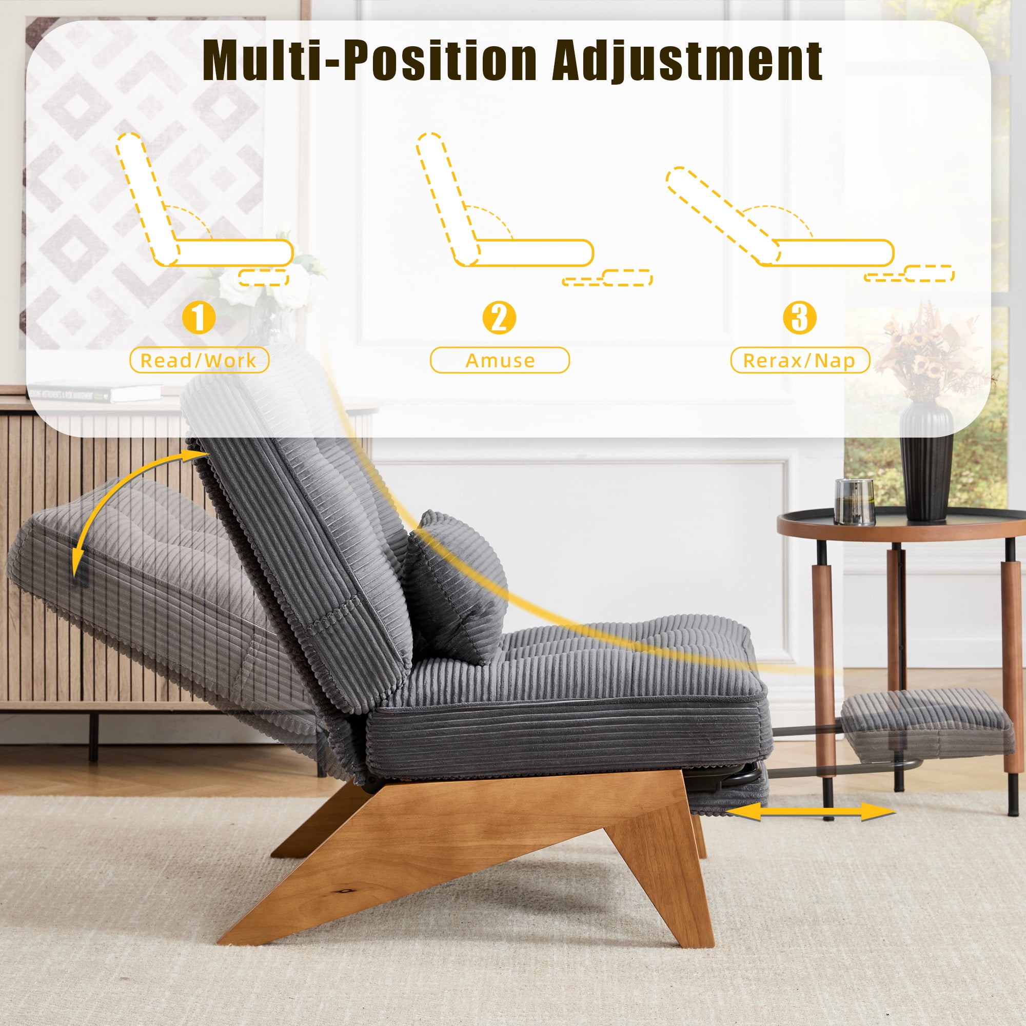 MOONMISS Modern Adjustable Lounge Chair with Footrest,Wooden Base Upholstered Recliner for Reading Rest Striped Velvet