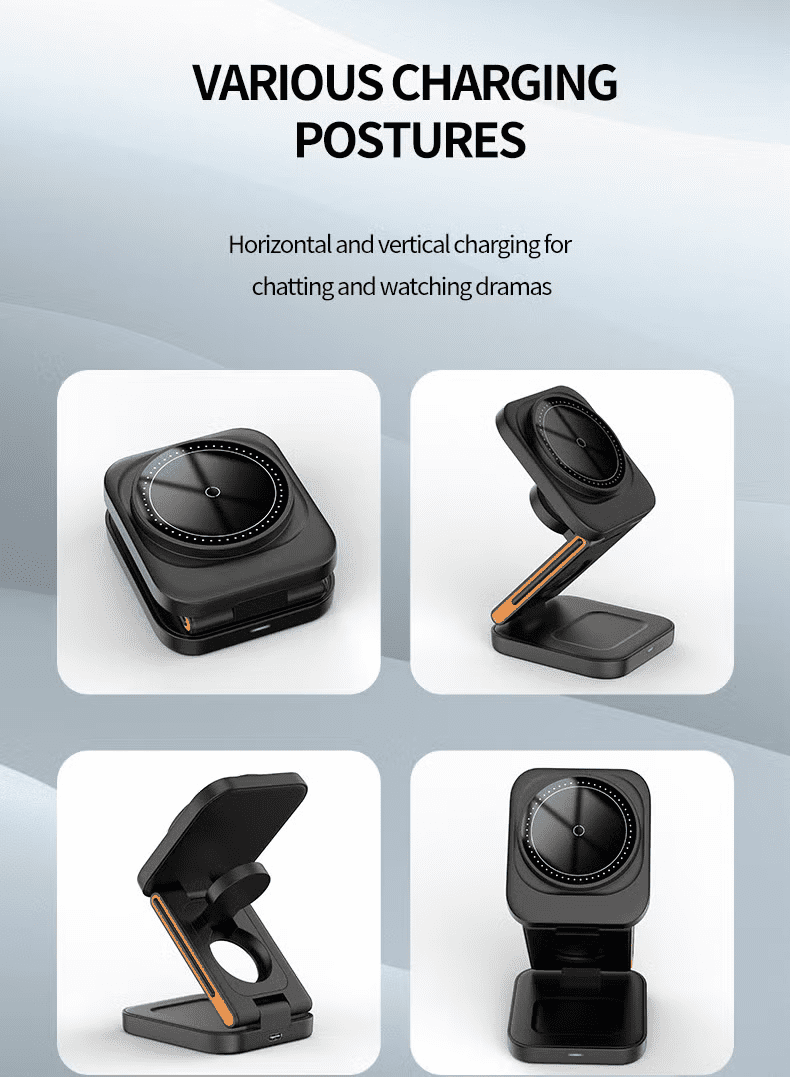 3 In 1 Magnetic Wireless Charger Station, Fast Wireless Charger Stand for Fast Charge, Foldable Suitable For Travel Phone Apple iPhone 15 14 13 12 11 X Pro Max iWatch 8 7 6 5 4 Samsug Galaxy S