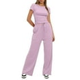 thumbnail image 4 of LLYWEY Womens Two Piece Outfits, Casual Loose Crew Neck Short Sleeve T-Shirt Drawstring Elastic Waist Wide Leg Long Pants with Pockets Summer 2 Piece Outfit Sets New-25 Pinks XXL, 4 of 8