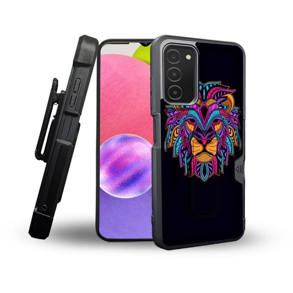 ANJ  Rugged Shockproof Holster Case Card Slot Kickstand   Tempered Glass Cover for Samsung Galaxy A03s - Tribal Lion