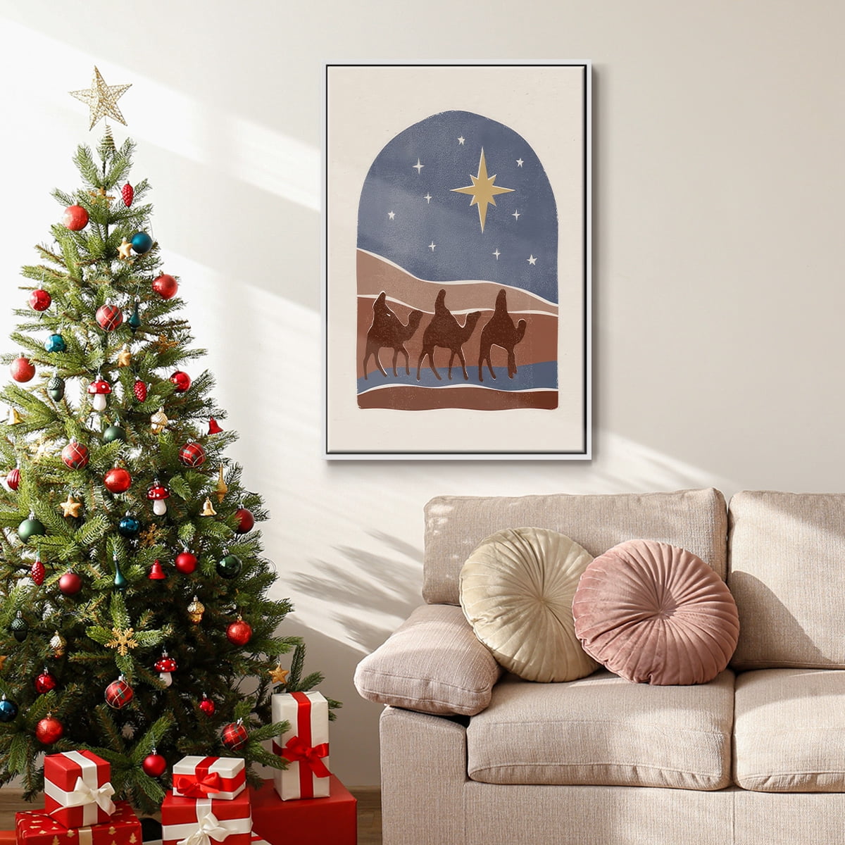 Boho Nativity II - Framed Gallery Wrapped Holiday Canvas - 27 x 41 - White Frame