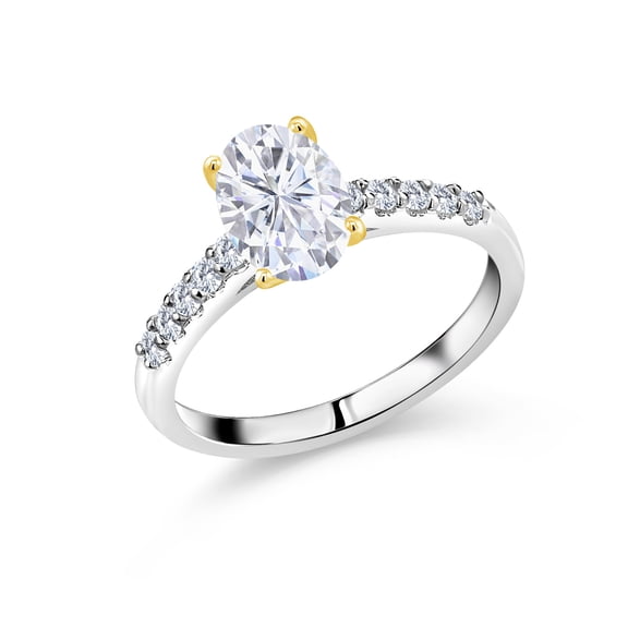 Gem Stone King 925 Sterling Silver Ring with 10K Yellow Gold Prongs G/H Lab Grown Diamond Set with Moissanite (2.30 Cttw, Size 7)