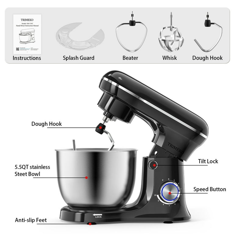 Trimeko New 3-In-1 5.5Qt Stand Mixer with Whisk, Dough Hook
