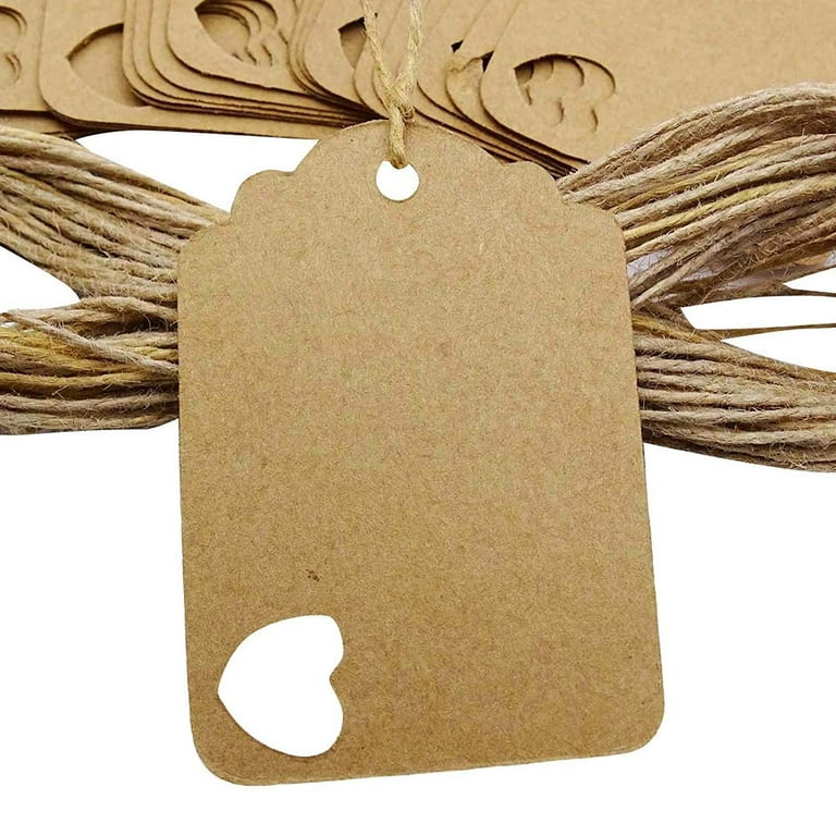 100 PCS Gift Tags/ Kraft Hang Tags with Free Strings, Scalloped Tag Style  Color Rectangular With Heart Punched 