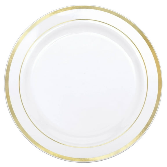 Amscan Round Bordered Trimmed Plastic Reusable Dinner Plates, Assorted Colours, 12-in, 10-pk