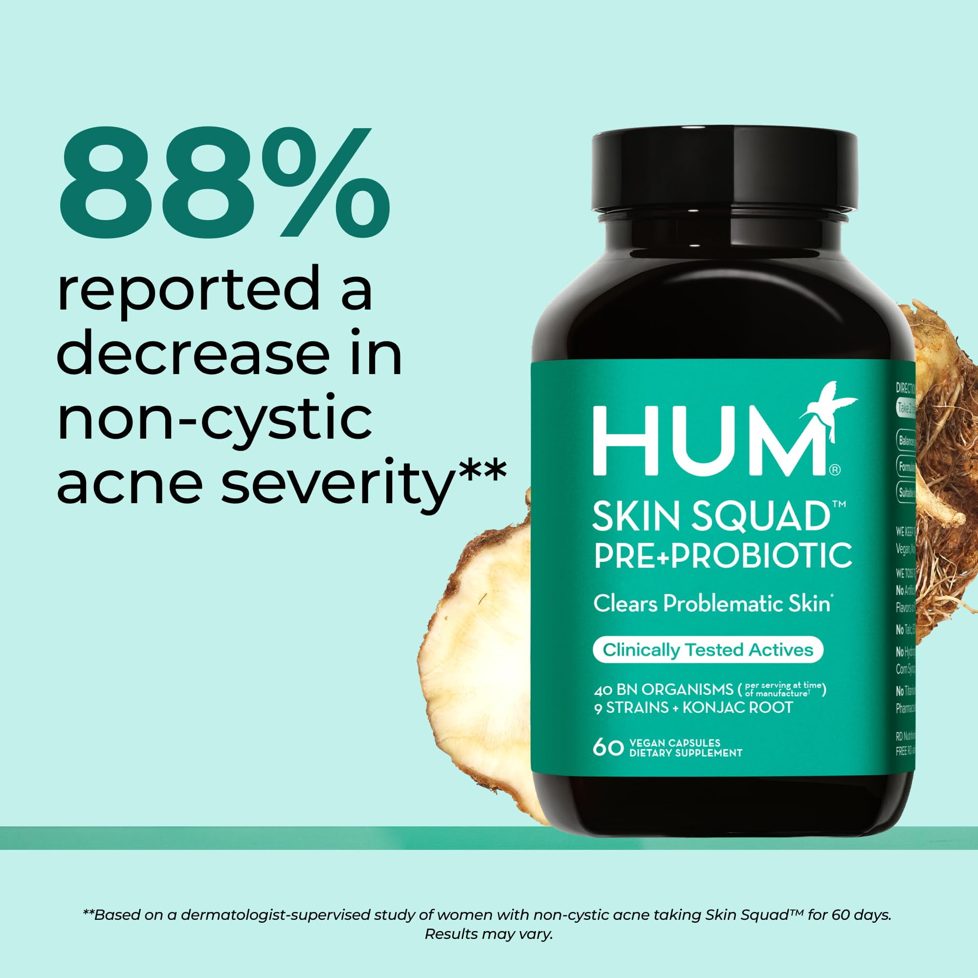 HUM Skin Squad Probiotic for Clear Skin & Gut Health Support, 60ct