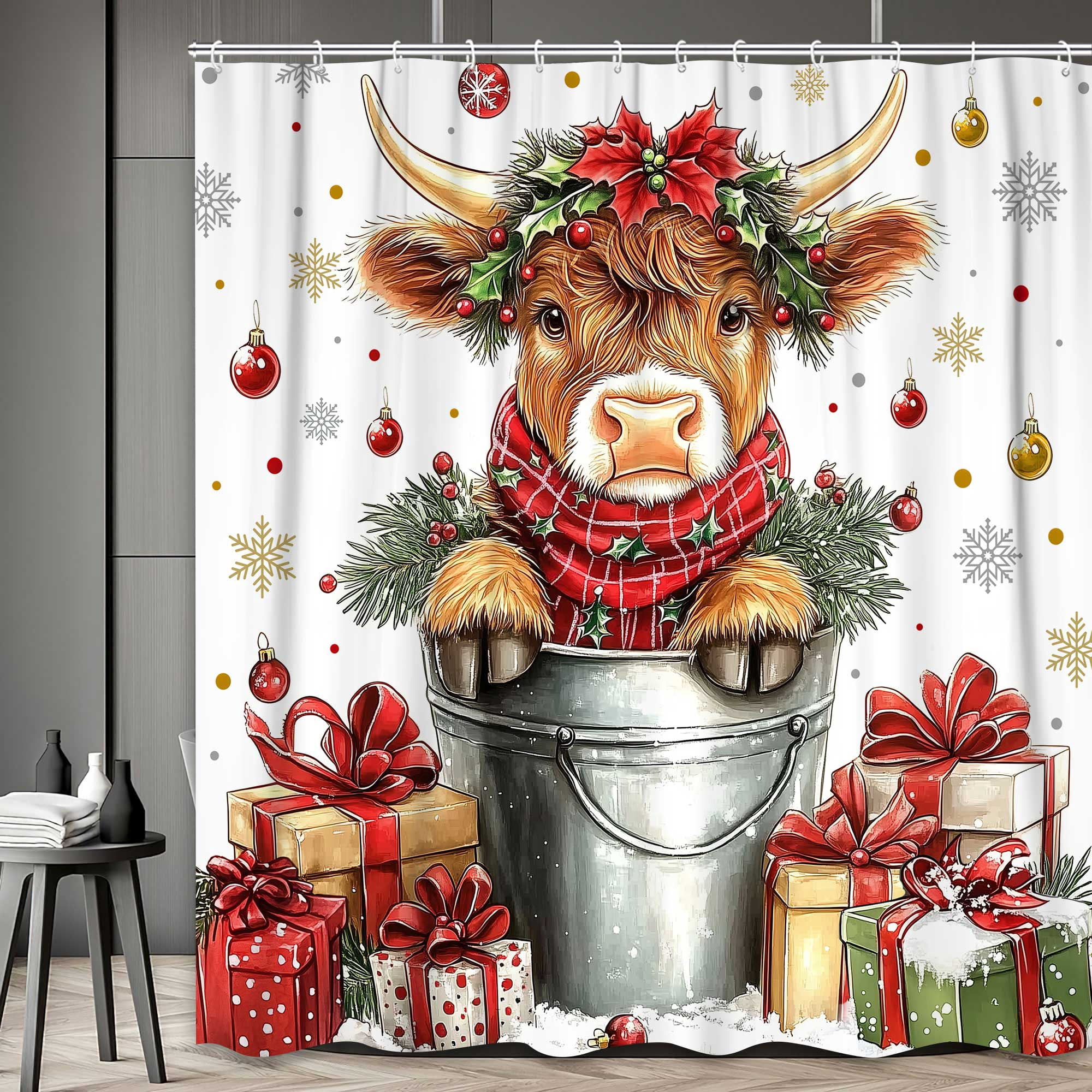 Christmas Cow Shower Curtain, Cute Highland Cow Fabric Snowflake Shower Curtains for Bathroom Decor, farmhouse Winter Holiday Kids Bathroom Accessories, 72 x 72 Inch