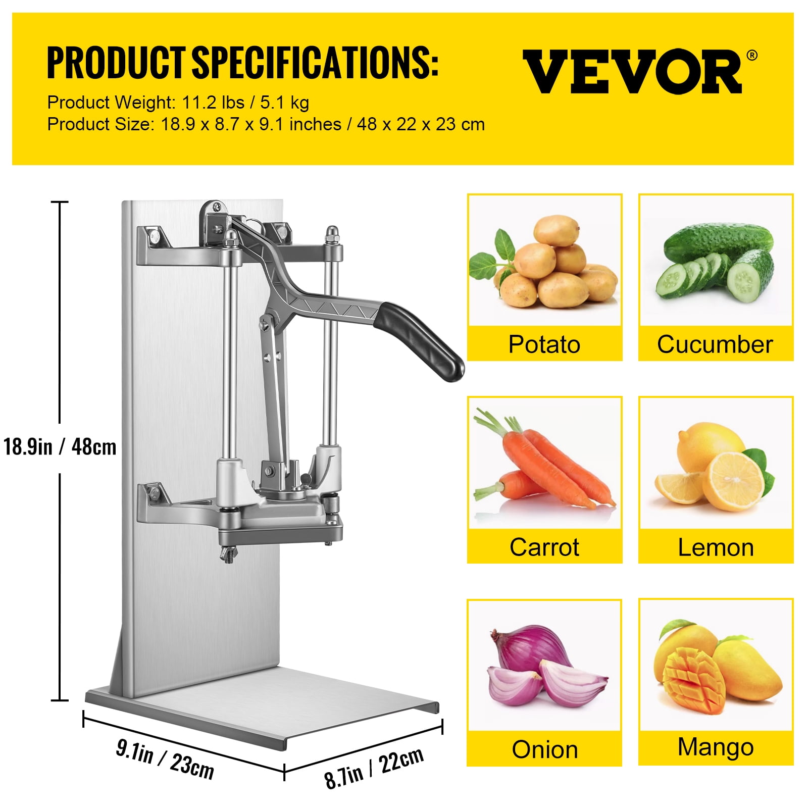 VEVOR Commercial Vegetable Fruit Chopper, Stainless Steel French Fry Cutter  with 4 Blades 1/4 3/8 1/2, 6-wedge Slicer, Chopper Dicer with Tray