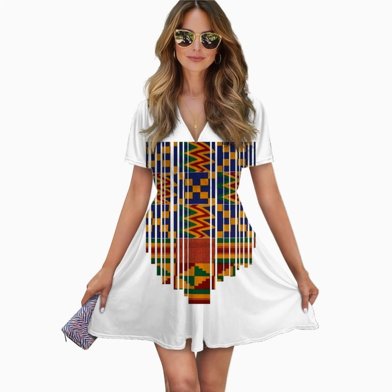 Kente Design African Print African Clothing Women Dress V-Neck Short Sleeve Flowy Swing Party Midi Dress