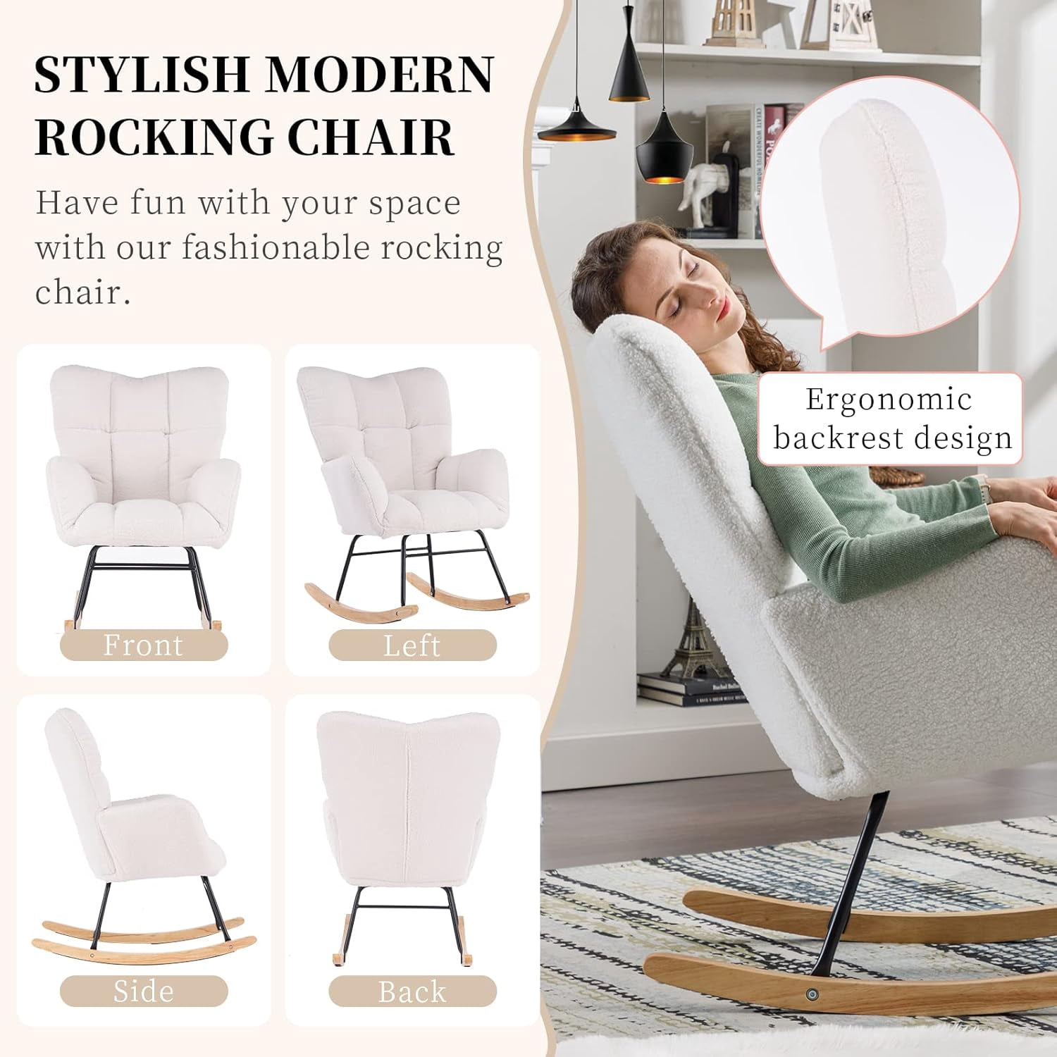 QuzyAor Teddy Fabric Nursery Glider Rocking Chair,Soft Upholstered Chair with Optional Footrest & Headrest for Baby Nursery Living Room,Ivory