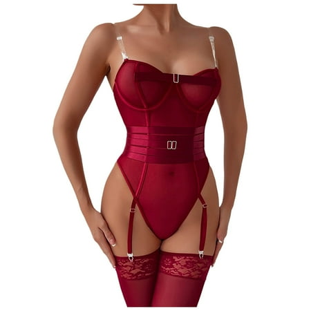 Midwennn Women Lingerie Sexy Lace Bodysuit Deep V Teddies Lace Nightgown Satin Chemise Lingerie for Women plus Size