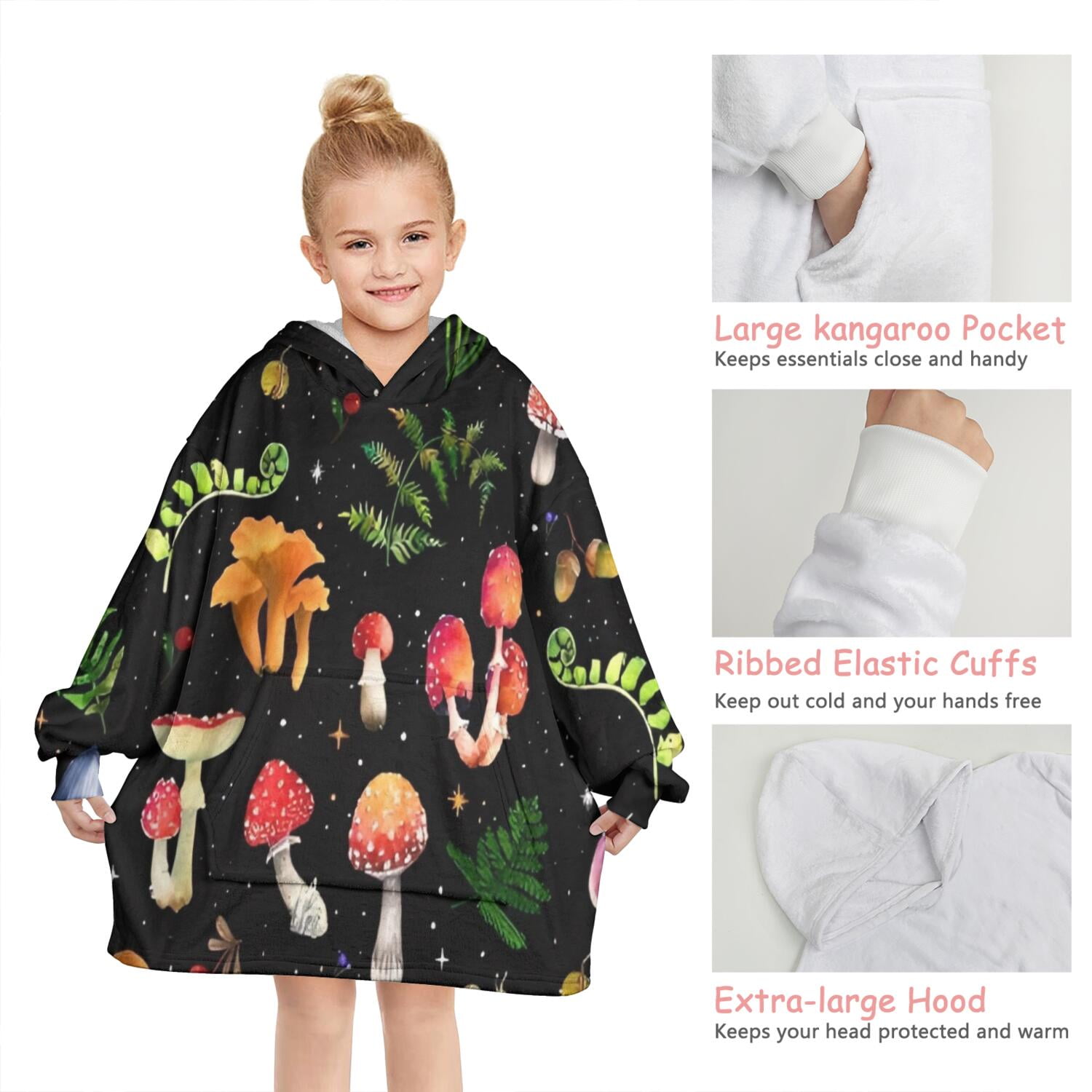 Red Mushroom Plant Black Pattern Blanket Hoodies for Kids 6-13YR Oversize Wearable Blanket Hoodies for Boys Girls Teens