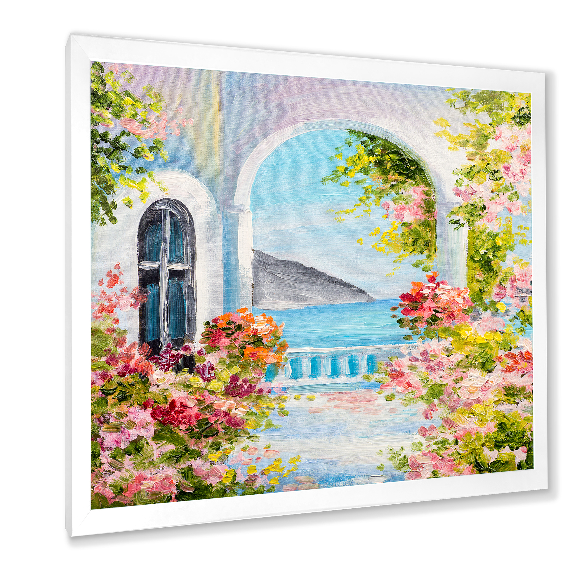 Designart 'Pink Flowers With Traditional Greek House' Nautical & Coastal Framed Art Print