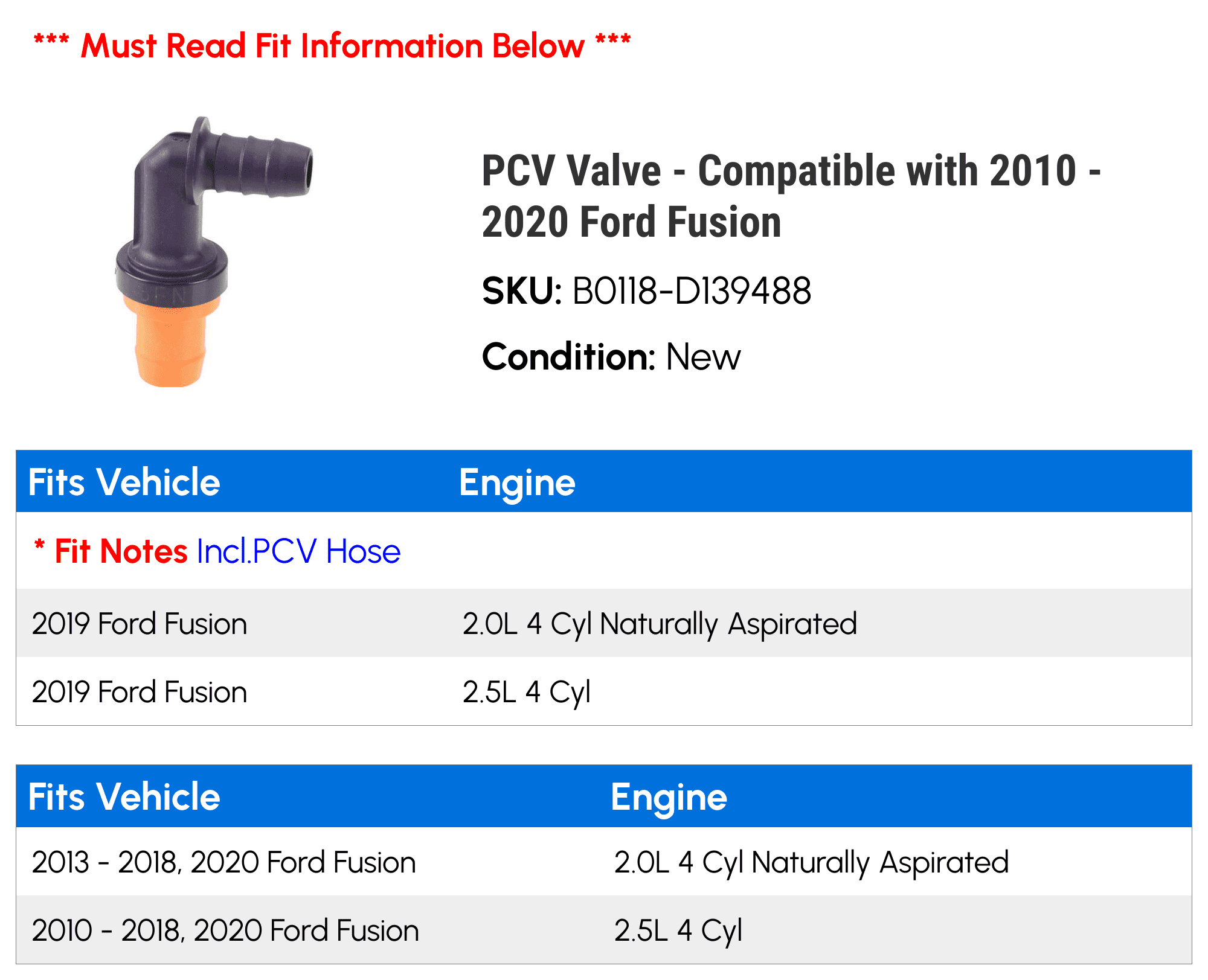 PCV Valve - Compatible with 2010 - 2020 Ford Fusion 2011 2012 2013 2014 2015 2016 2017 2018 2019
