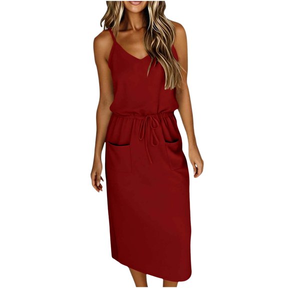 Efsteb Women Summer Dresses Spaghetti Strap V-Neck Drawstring Waist Midi Dress Solid Color Casual Dress with Side Pockets (Wine,XL)