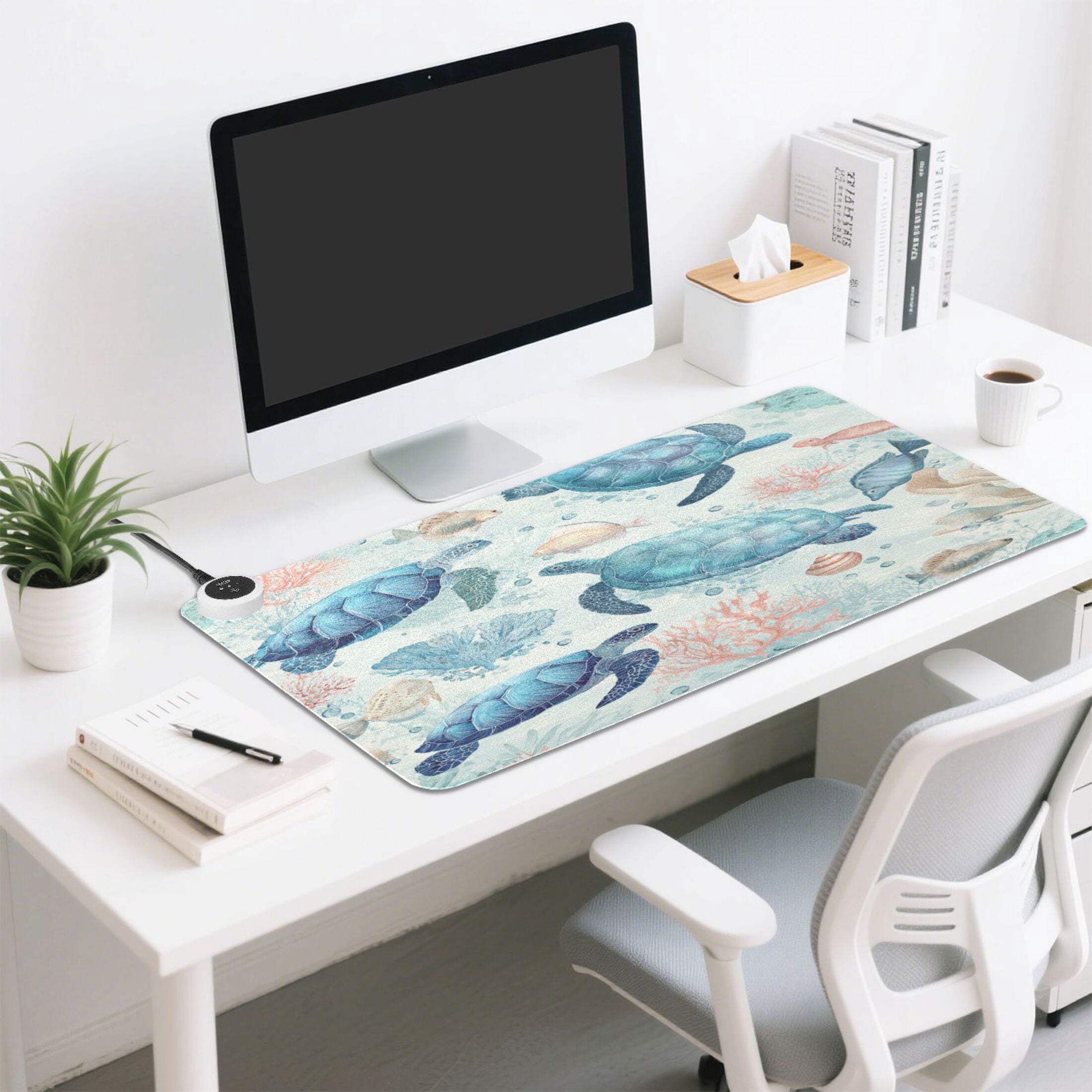 Large Heated Desk Mat Mouse Pad 31.5"x13"PU Leather Graphene Heating Desk Warmer with 3 Temperature Settings 110V US Plug Non-Slip Warm Pad for Home, Office, and Gaming Deep Green Sea Turtles