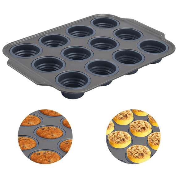 12-Cup Silicone Muffin Pan with Metal Frame - Nonstick Cupcake & Egg Bite Mold, Dishwasher Safe Bakeware for Oven ( Gray)