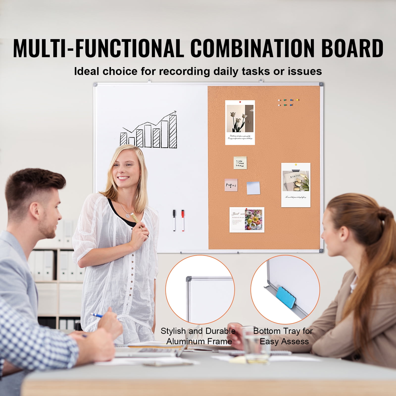 KFFKFF 48"x 36" Dual-Function Whiteboard & Cork Board with Aluminum Border – Magnetic Dry Erase Notice Board for Wall Installation – Suitable for Educational Institutions, Residences, Workplaces