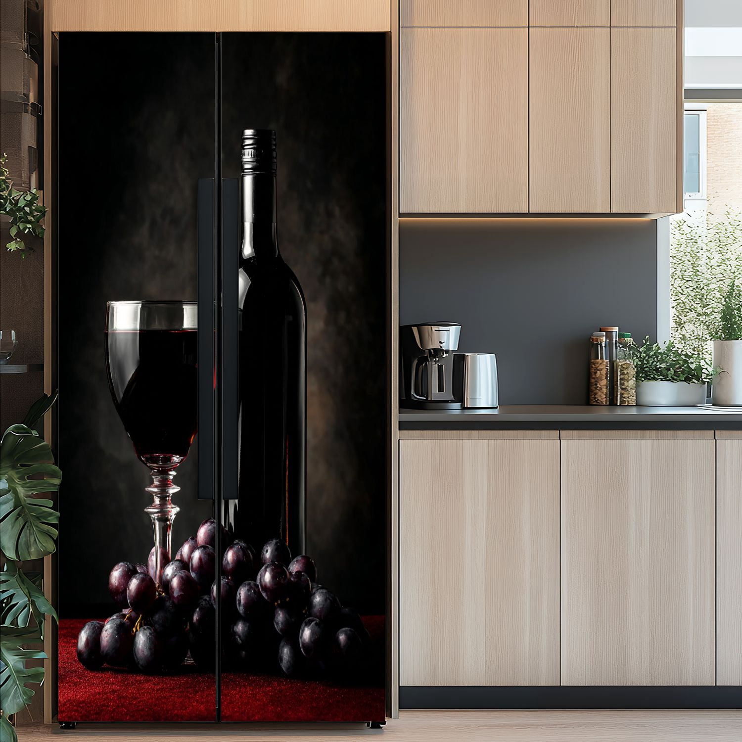 Self Adhesive Vinyl Refrigerator Wrap Set Bottle red wine glass grapes Door Mural Removable Fridge Sticker Peel and Stick&nbsp;Full Door Cover Decal Kitchen Bar Decor