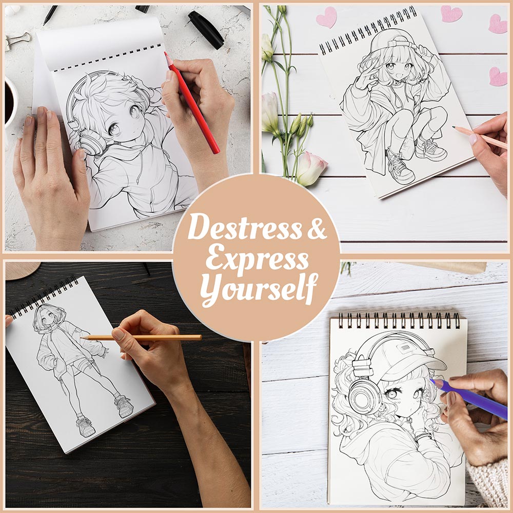 Netecom Kawaii Hiphop Coloring Book for Adults, A5 Wooden Cover, Spiral Bound Edition, 30 Stylish and Playful Coloring Pages of Trendy Hiphop Girls for Stress Relief and Relaxation