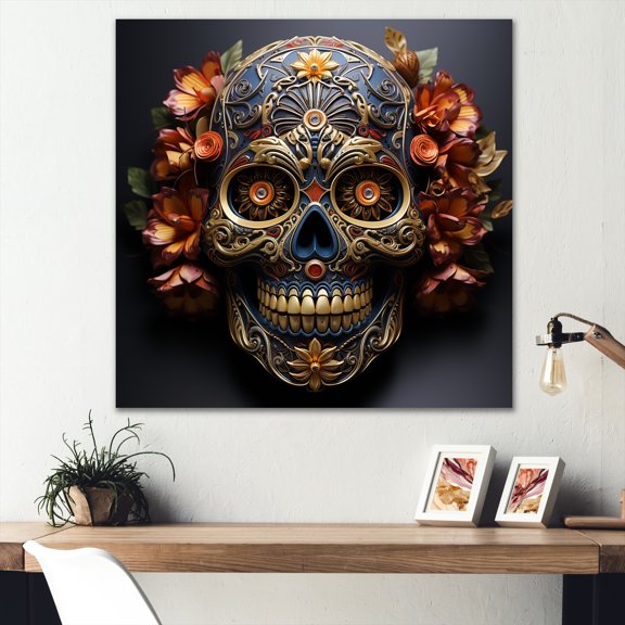 Designart "Mexican Skull in Gold Floral Design I" Animals Wall Art - Modern Orange Skull Entryway Wall Art