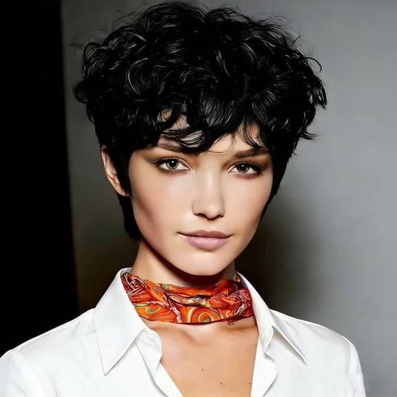 EAEABJ Pixie Cut Human Hair Wig with Bangs, Natural Black Micro Curl Glueless Machine Made