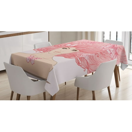 

Ambesonne Pink Tablecloth Rectangular Table Cover Girl Butterflies Sketch 60 x90 Coral and White