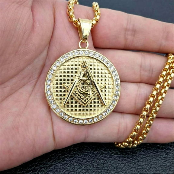 Iced Out Masonic Necklace & Pendant With 14K Yellow Gold Chain Golden Color Bling Cubic Zircon Men's Hip Hop Jewelry For Gift
