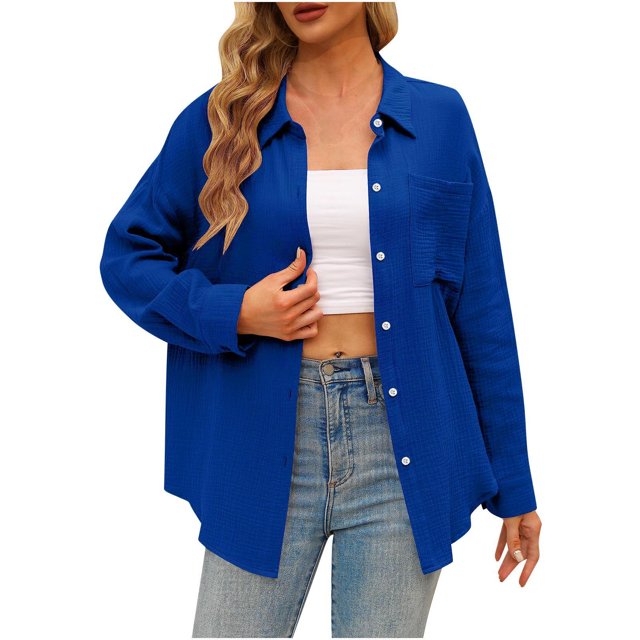 Yuyuzo Womens Long Sleeve Button Down Shirts Solid Color Collared Tshirts Tops Casual Loose Basic Fall Trendy Blouse Tops Blue
