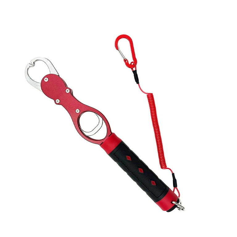 Fish Lip Gripper with Weight Scale Fish Lip Grip Tool Aluminum Alloy Clip Fishing Gear Fish Lip Grabber for Outdoor, Ice Fishing, Boat Fishing Red