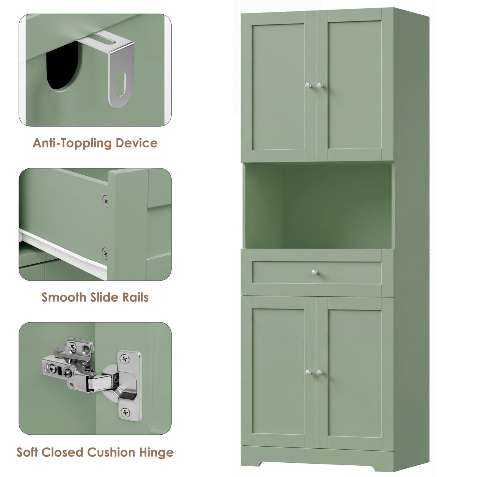 Homfa 67.5'' Tall Kitchen Pantry with Microwave Shelf, Large Storage Drawer Wood Pantry Storage Cabinet for Dining Room Living Room, Green