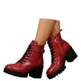 thumbnail image 3 of Kidagic Women Mid Calf Boots with Heel Buckle Strap and Lace Up Design Fashion Autumn Winter Ankle Booties(Color:Red,Size:7.5), 3 of 9