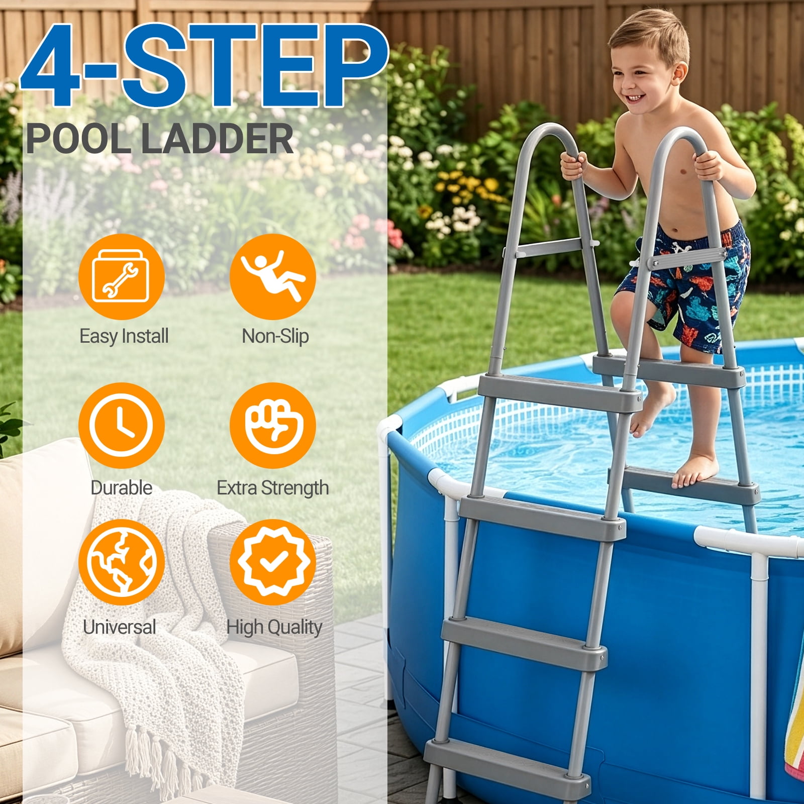 Zimtown 4-Step Pool Ladder, 52 Inch Above Ground Swimming Pool Ladder with Gray Metal Frame & Steps, Heavy-Duty Entry Ladder