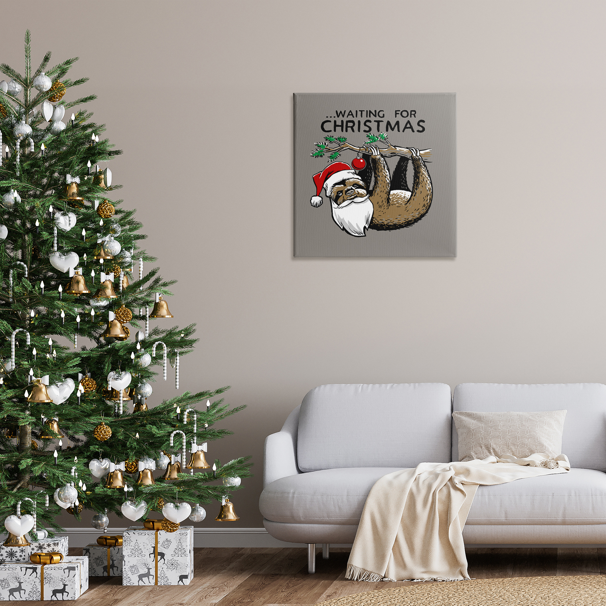 Stupell Industries Santa Christmas Sloth Holiday Painting Gallery Wrapped Canvas Art Prints Wall Art, 30 x 30