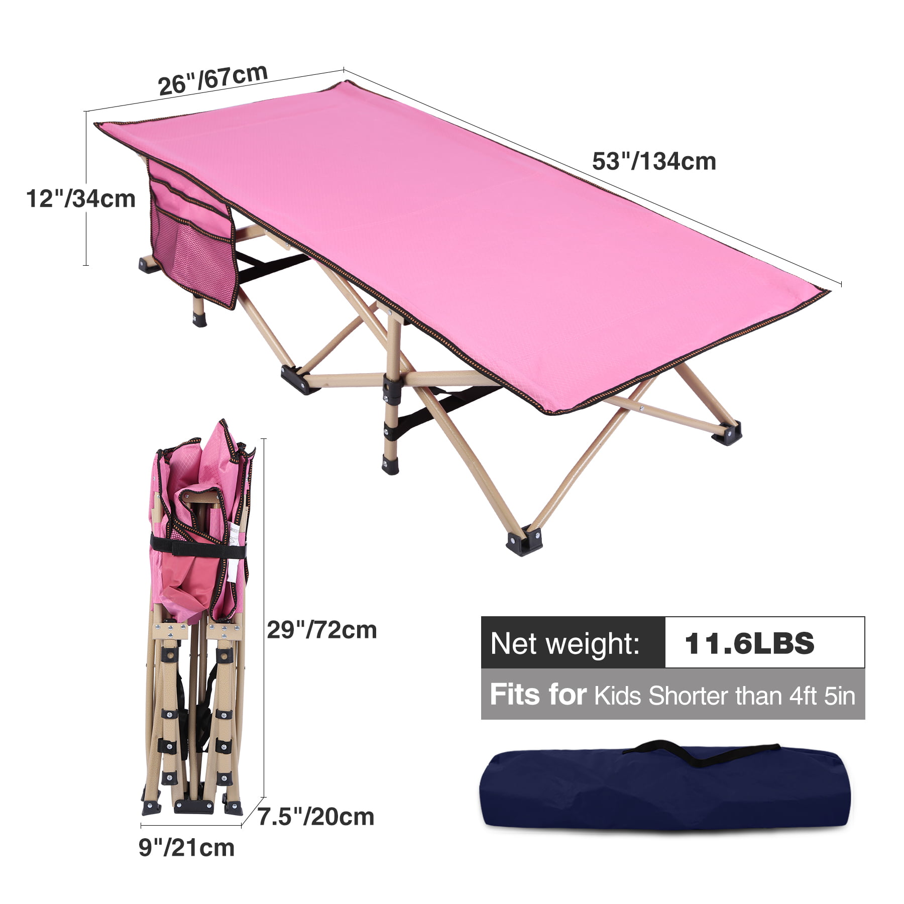 Portable with Carry Bag Sturdy Steel Folding Toddler Cot Bed for Travel Sleeping Pink REDCAMP Extra Long Kids Cot for Camping with Sleeping Bag 