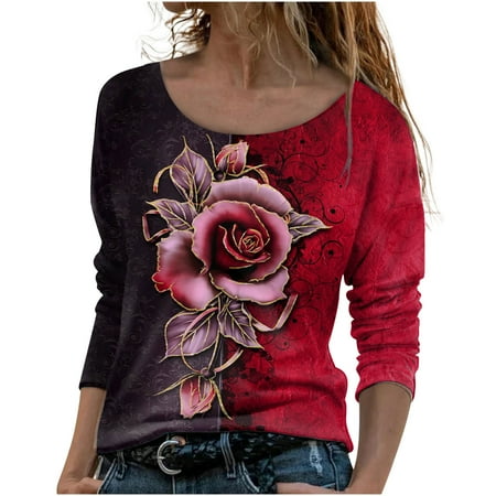 

Ziloco Fashion Women Casual Printing Round Neck Long Sleeve Loose T-Shirt Autumn Blouse Pullover Tops tight long sleeve shirts for women corset tops for women Red XL